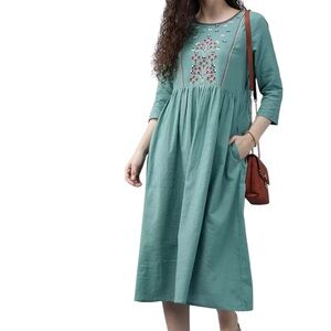 Anouk‎ by Myntra Embroidered Teal / sea green A Line Boho Dress Sz M